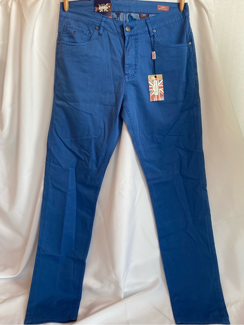 7 Downie St London Fit Men 34x34 Blue 5 Pocket Pants NWT Stretch Chino MSRP 155